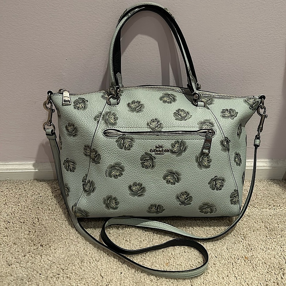 Coach Light Blue Floral Leather Satchel Crossbody Handbag
